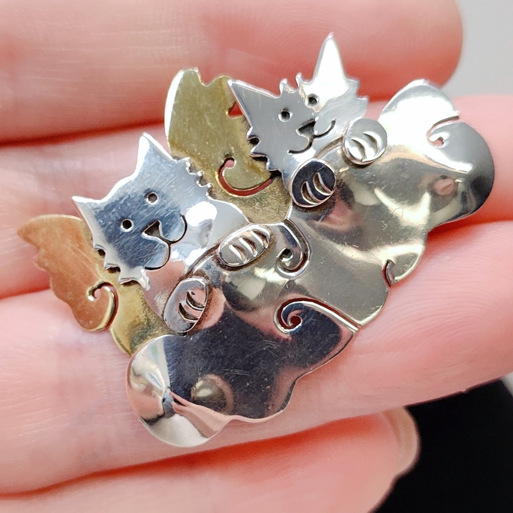 Vintage Far Fetched Sterling Silver Brass Furry Pets Guardian Angel Brooch Pin - Picture 4 of 11